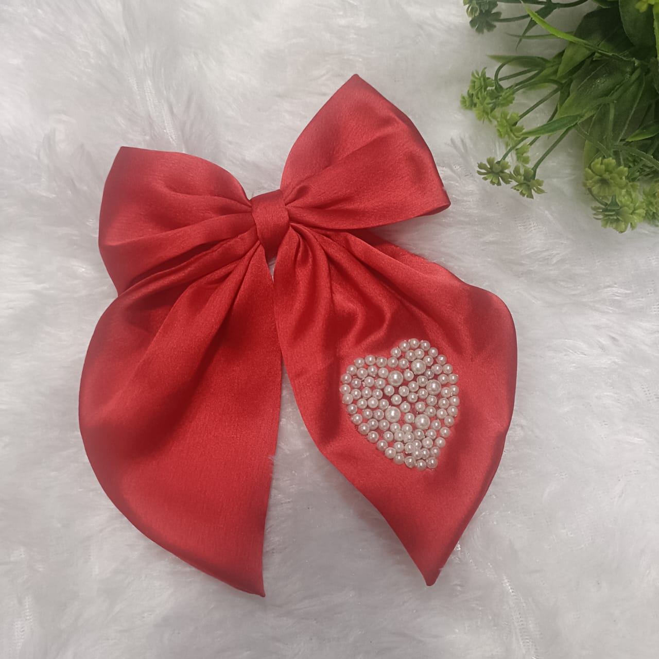 Red Heart Satin Bow with pearl heart motif