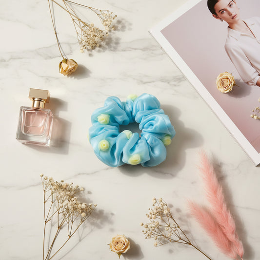 Blue Organza Rose Scrunchie For Women & Girls - 1 pc