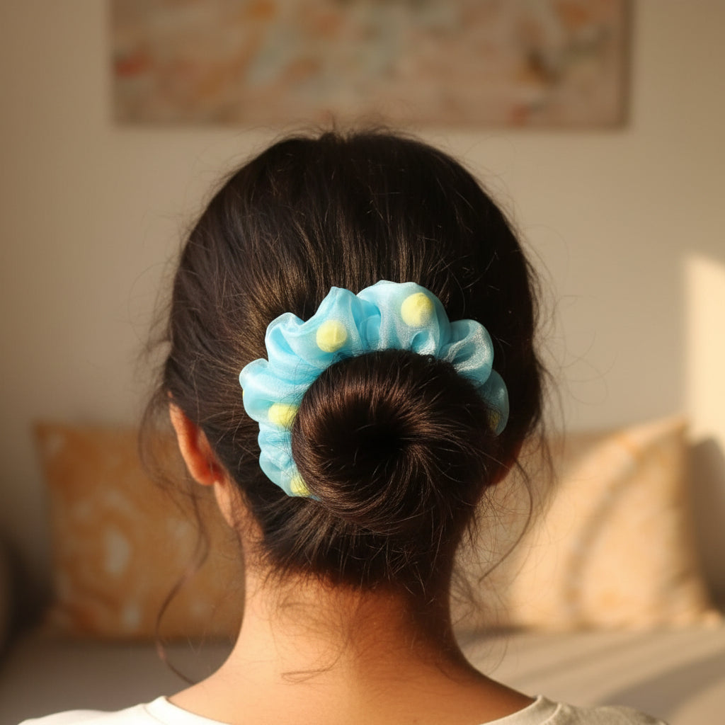 Blue Organza Rose Scrunchie For Women & Girls - 1 pc
