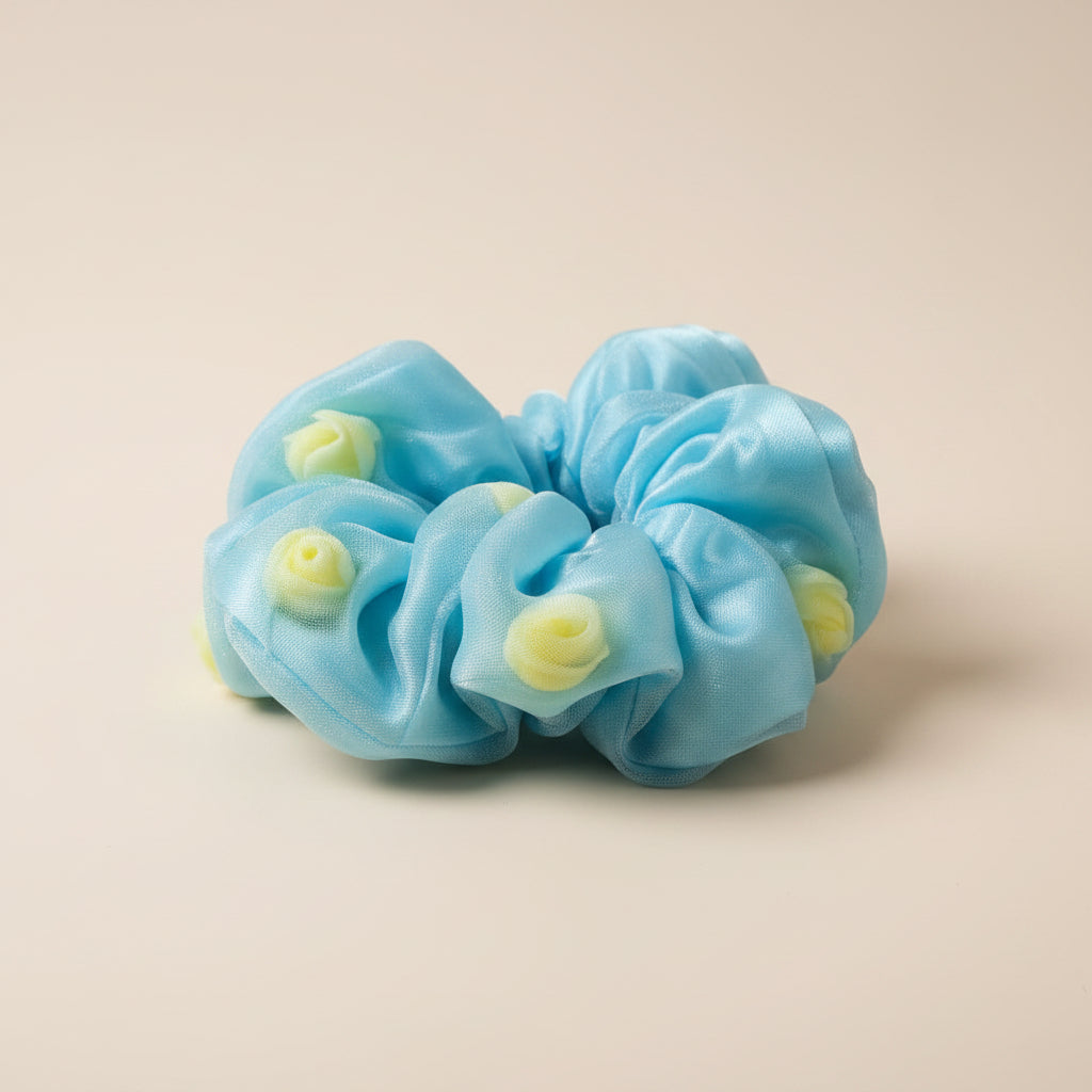 Blue Organza Rose Scrunchie For Women & Girls - 1 pc