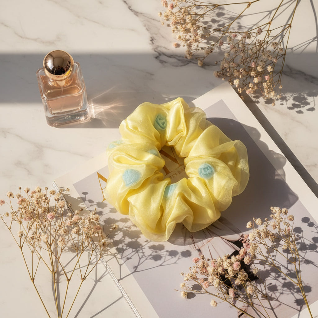 Yellow Rose Organza Scrunchie For Women & Girls  - 1pc
