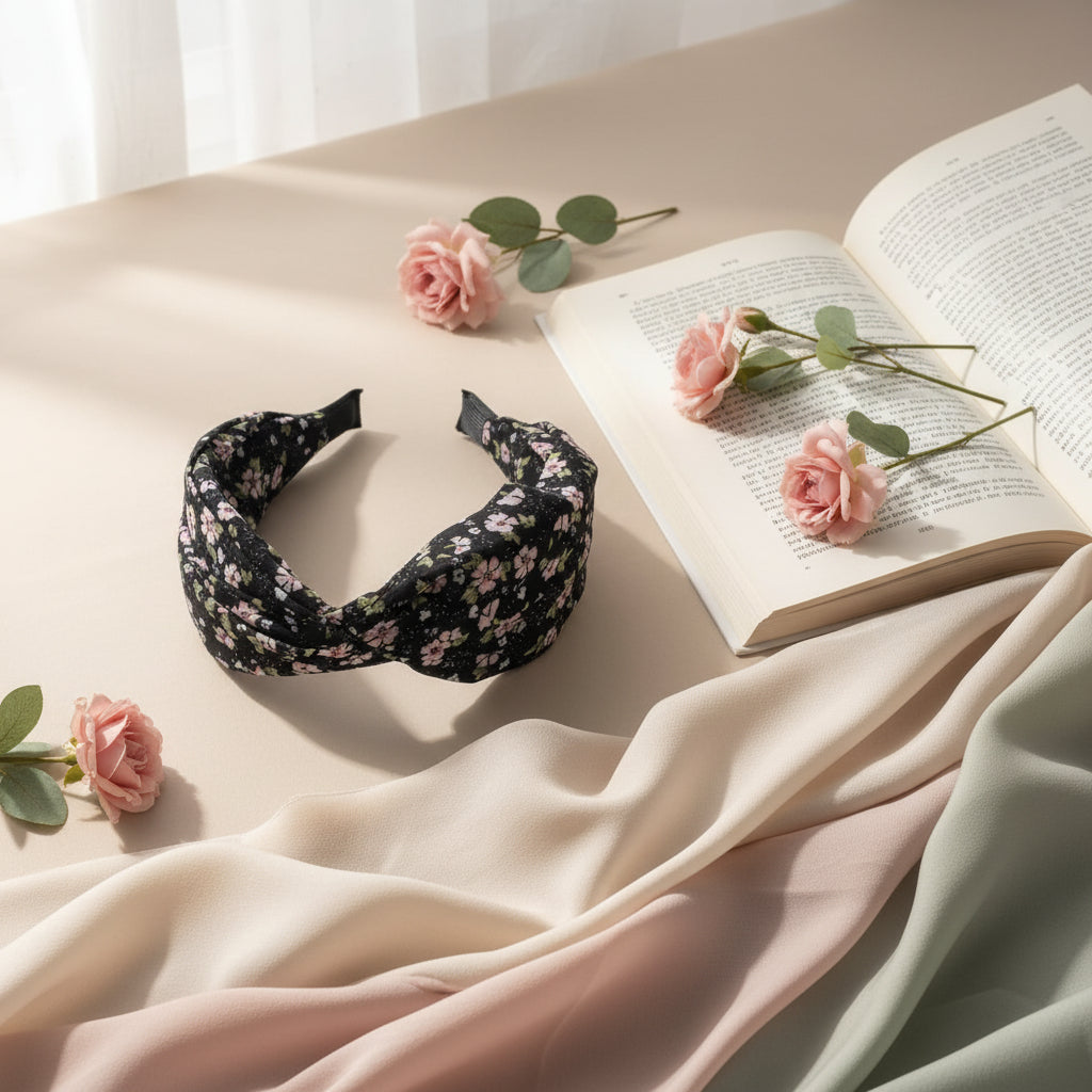 Black Floral Print Hairband for Women & Girls - 1pc