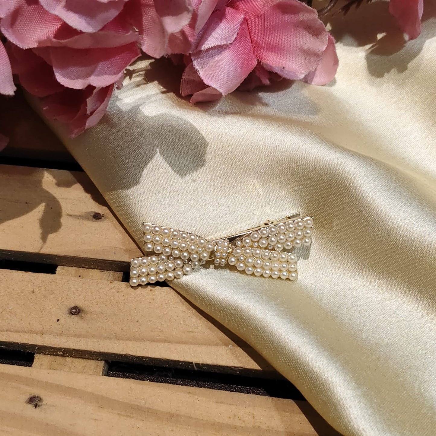 White Pearl Bow Hair Clip For Women & Girls - 1 pc