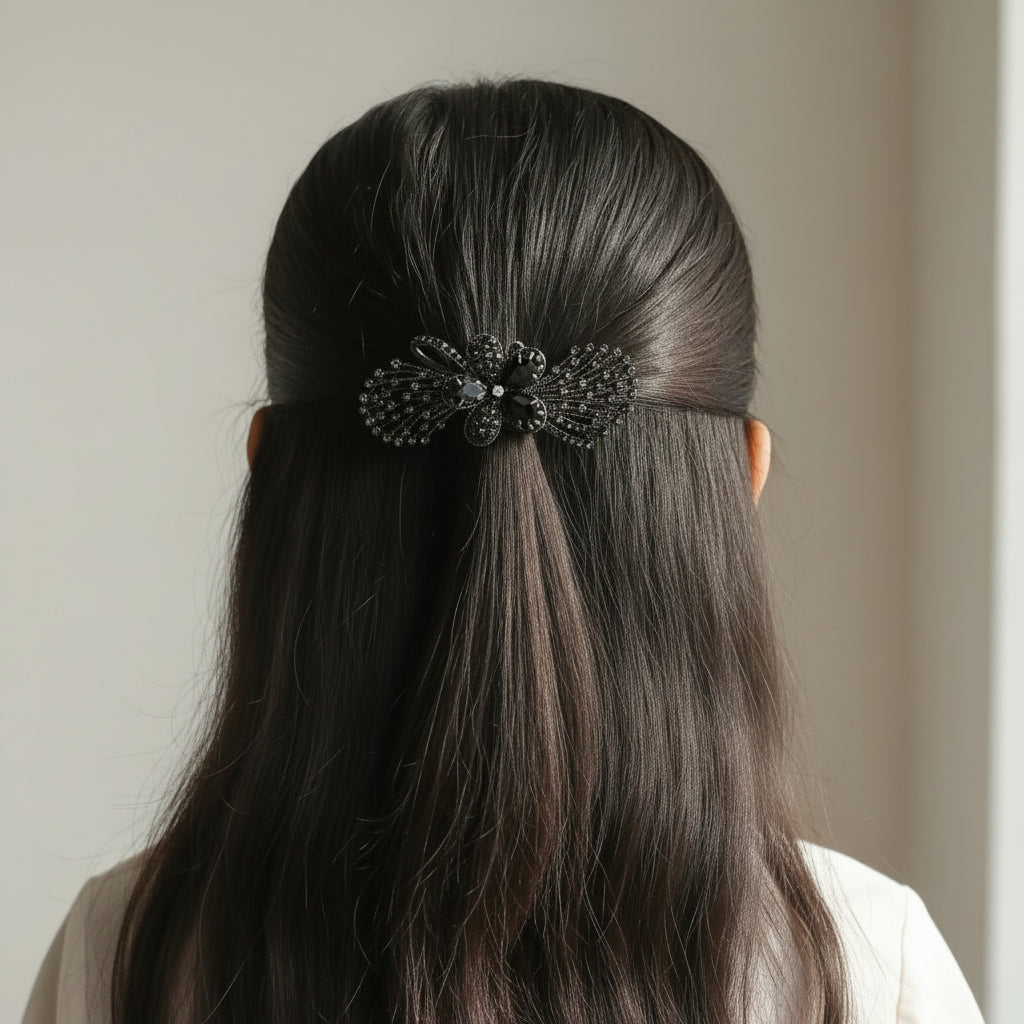 Black Crystal Hair Clip For Women - 1pc