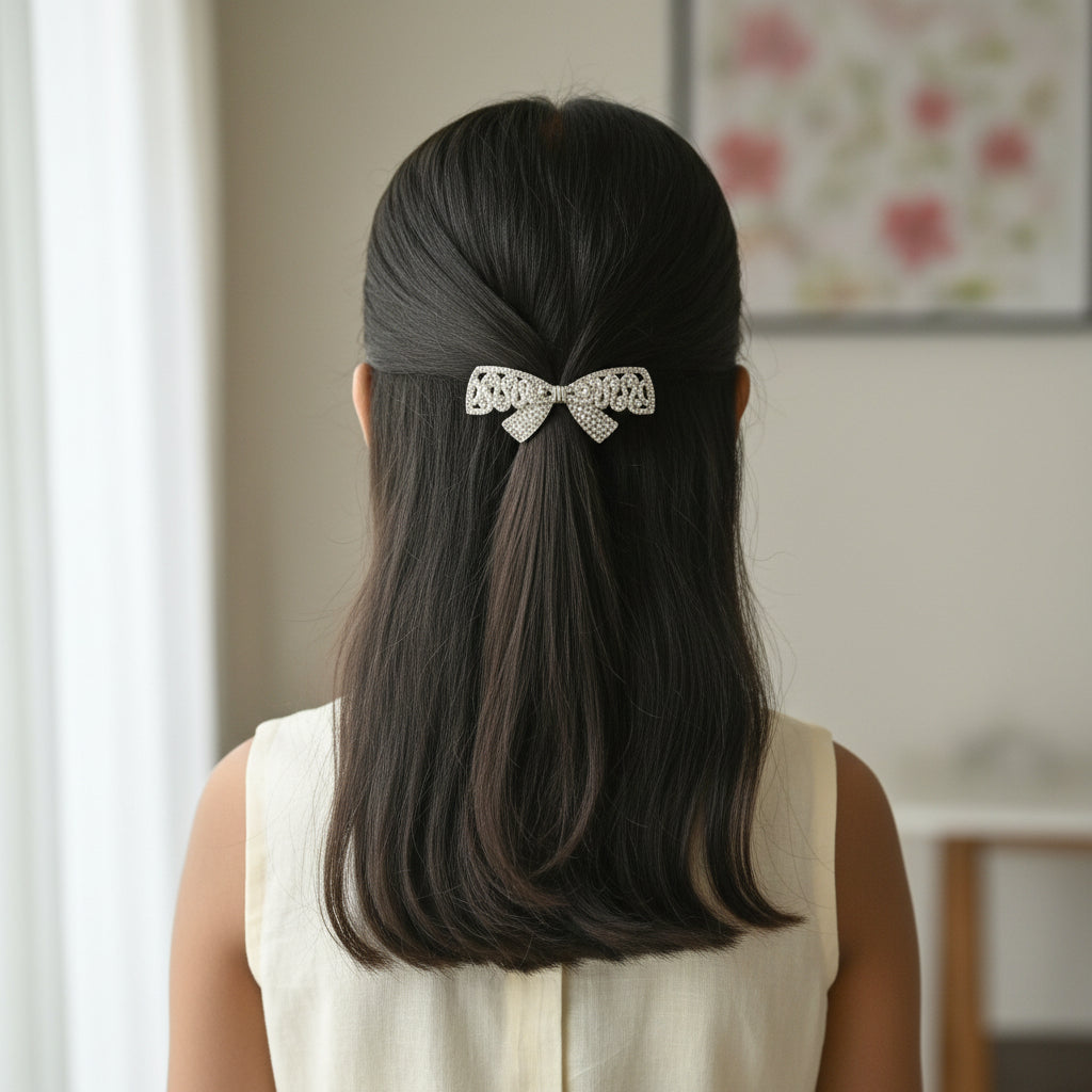 White Bow Hair Clip For Women & Girls - 1pc
