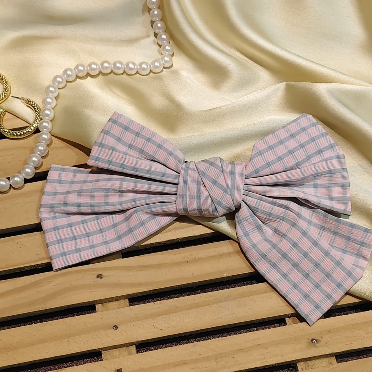 Pink Checks Bow For Women & Girls - 1pc
