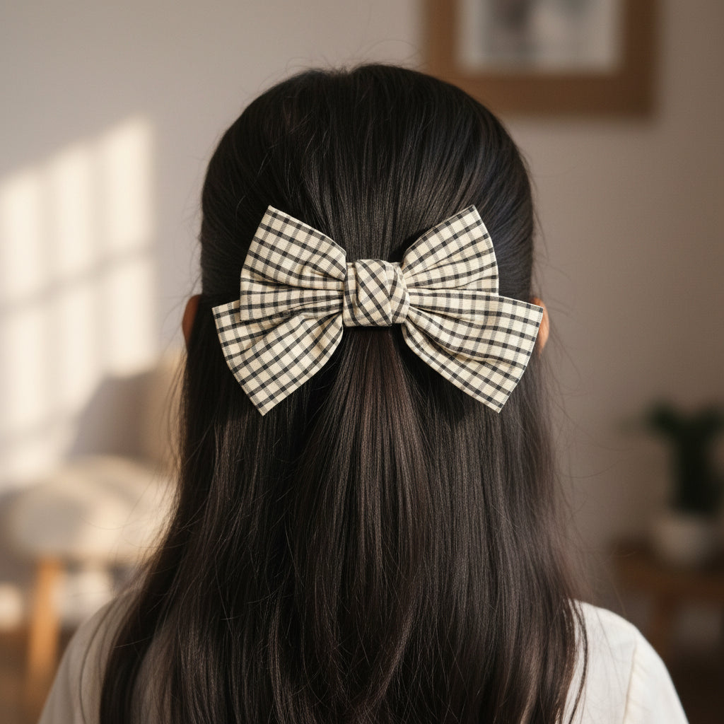 Yellow Checks Bow For Women & Girls - 1pc