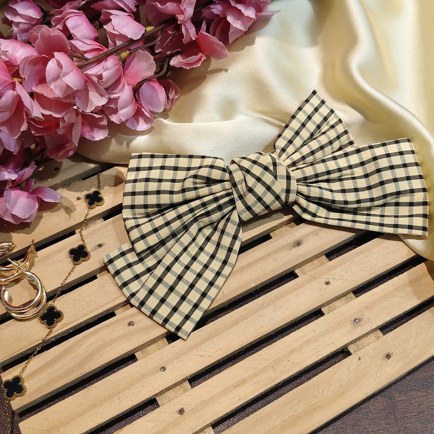 Yellow Checks Bow For Women & Girls - 1pc