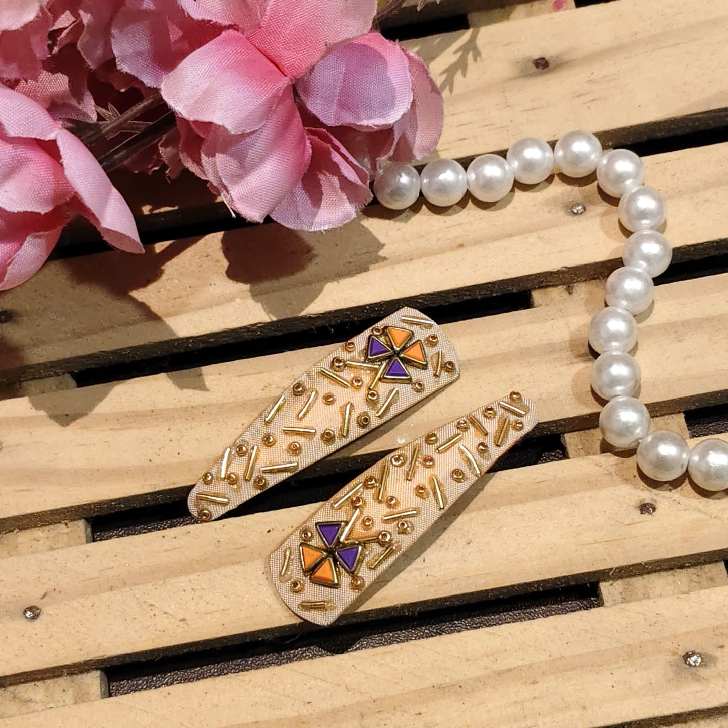 Peach Hand-Embroidered Hair Clip For Women - 1 Pair