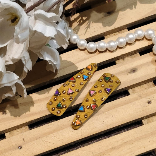 Yellow Hand-Embroidered Hair Clip For Women - 1 Pair