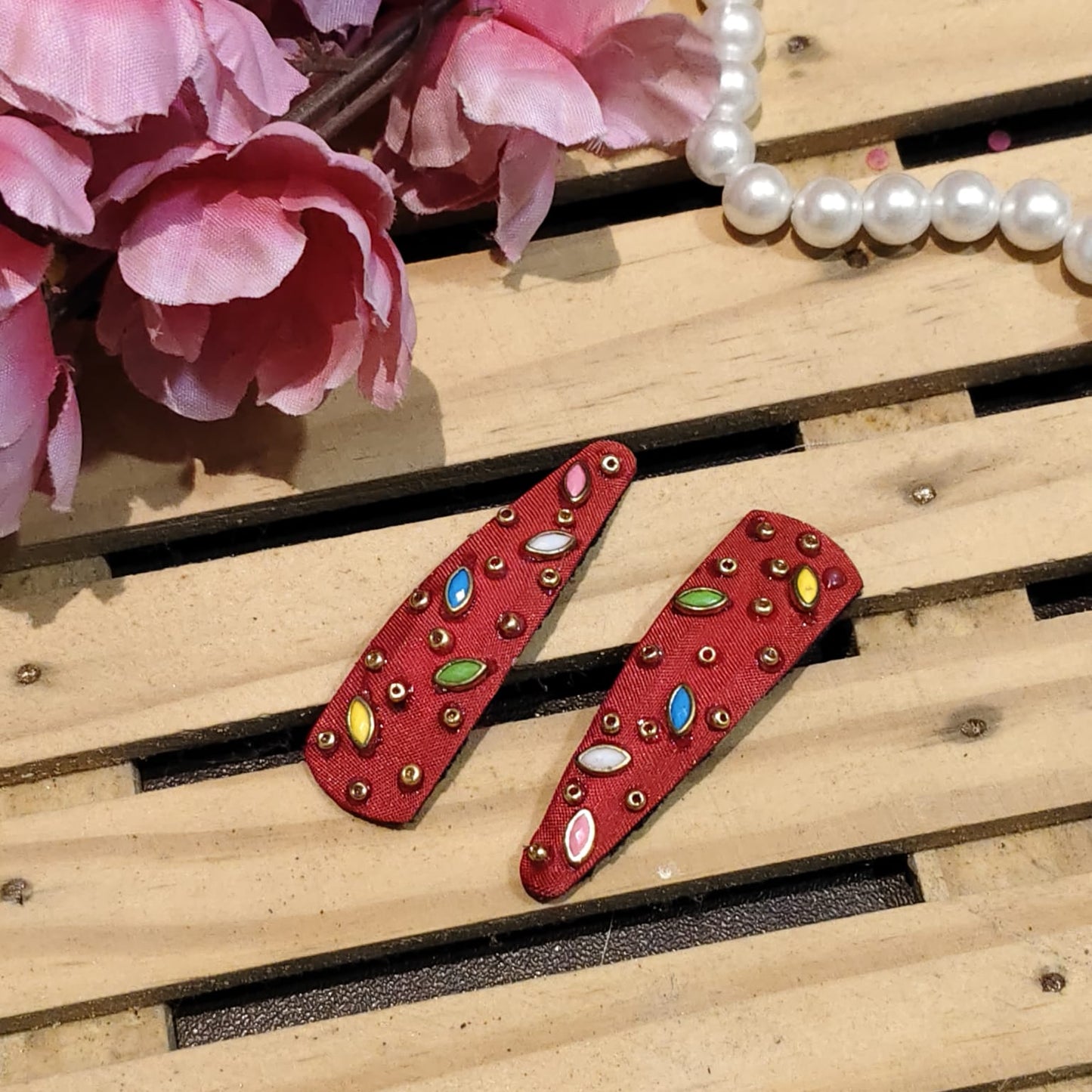 Red Hand-Embroidered Hair Clip For Women - 1 Pair