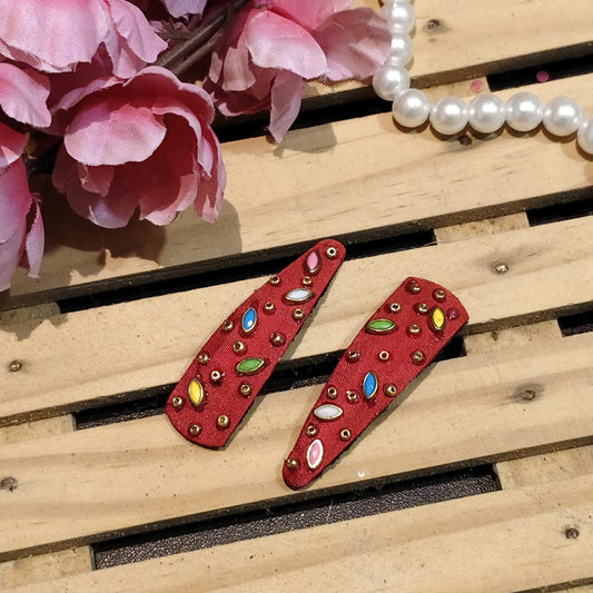 Red Hand-Embroidered Hair Clip For Women - 1 Pair