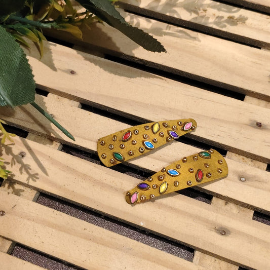 Yellow Multicolor Hair Clip Handmade For Women - 1 Pair