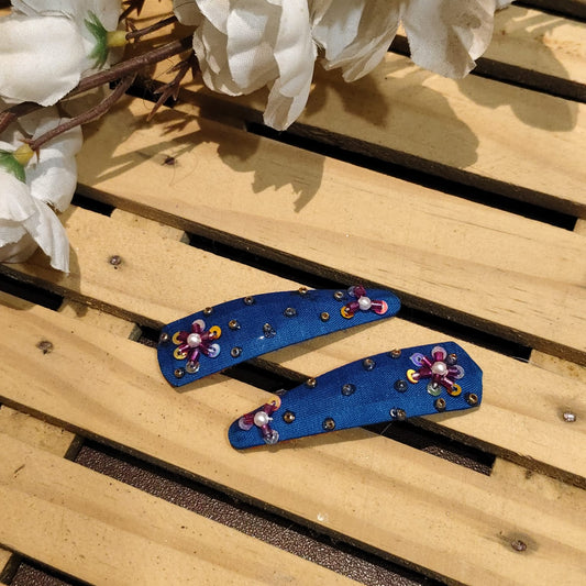 Blue Hand-Embroidered Hair Clip For Women - 1 Pair