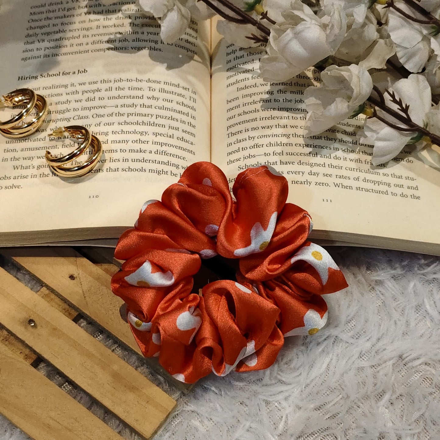 Satin Scrunchie Orange with floral Print - 1 pc