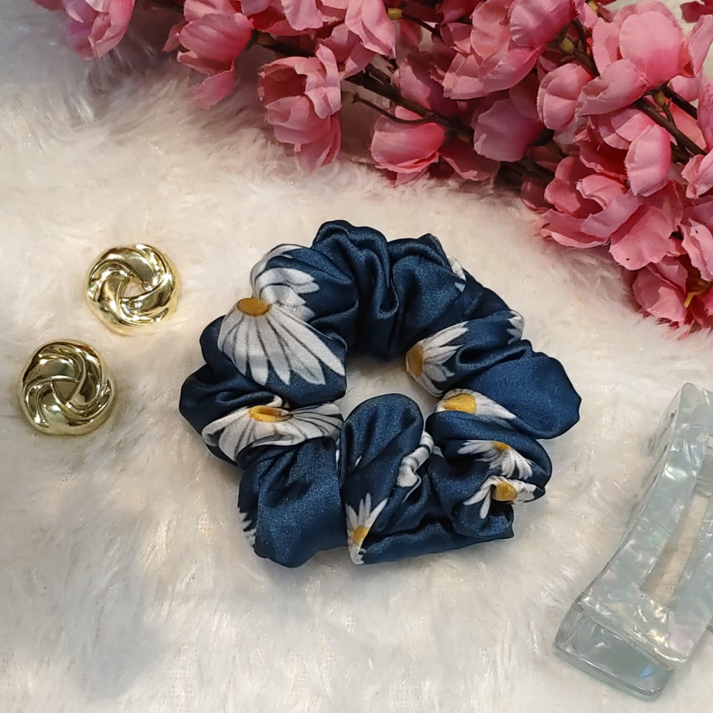 Satin Scrunchie Blue Flower Print - 1 pc