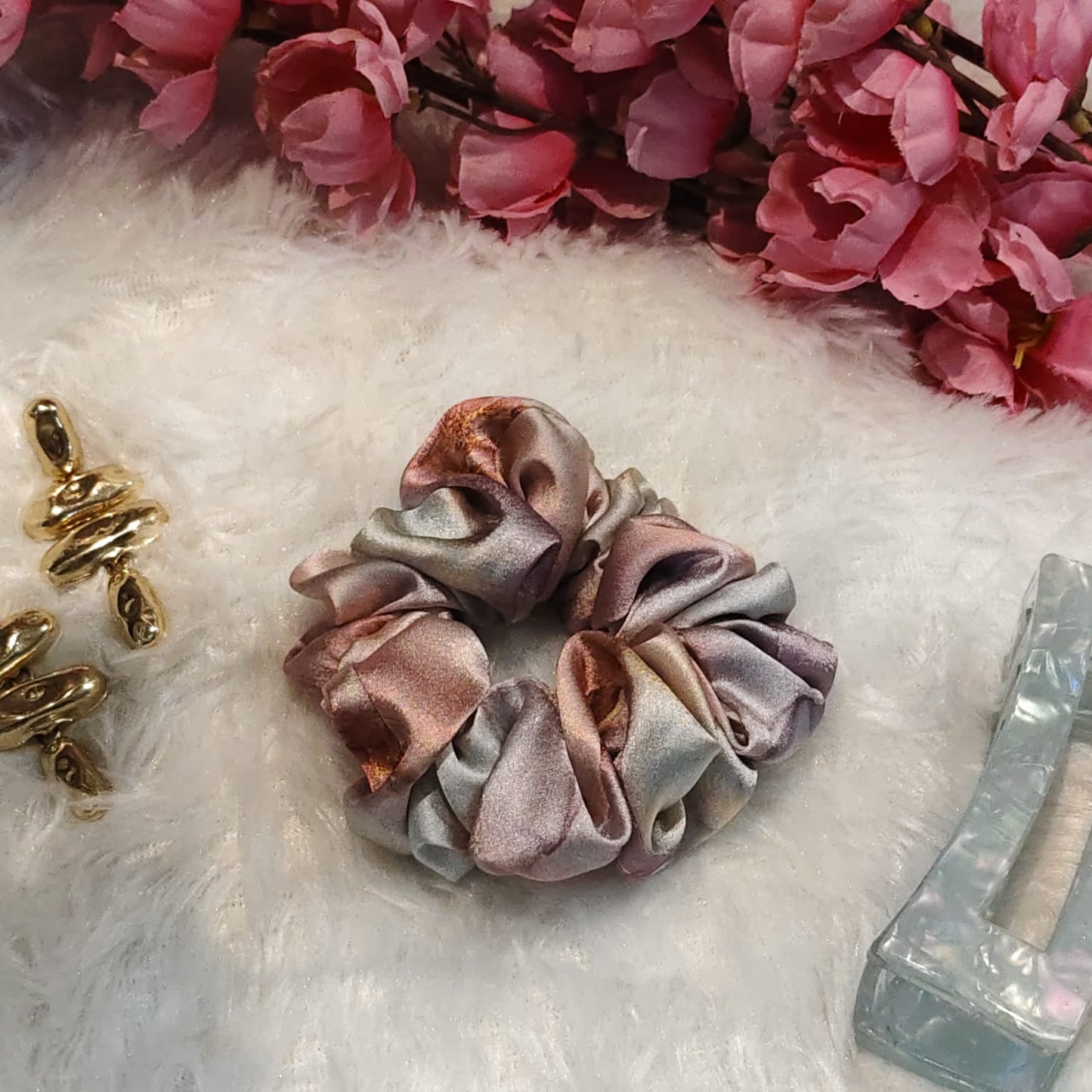 Satin Scrunchie Beige Marble Print - 1 pc