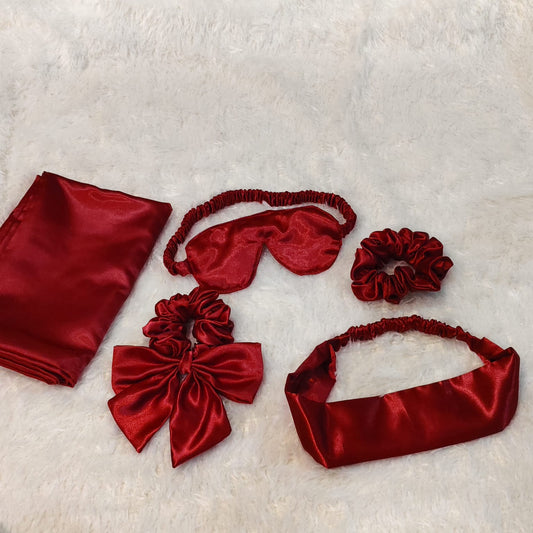 Luxury Satin Sleep Set Red - 5 pcs set