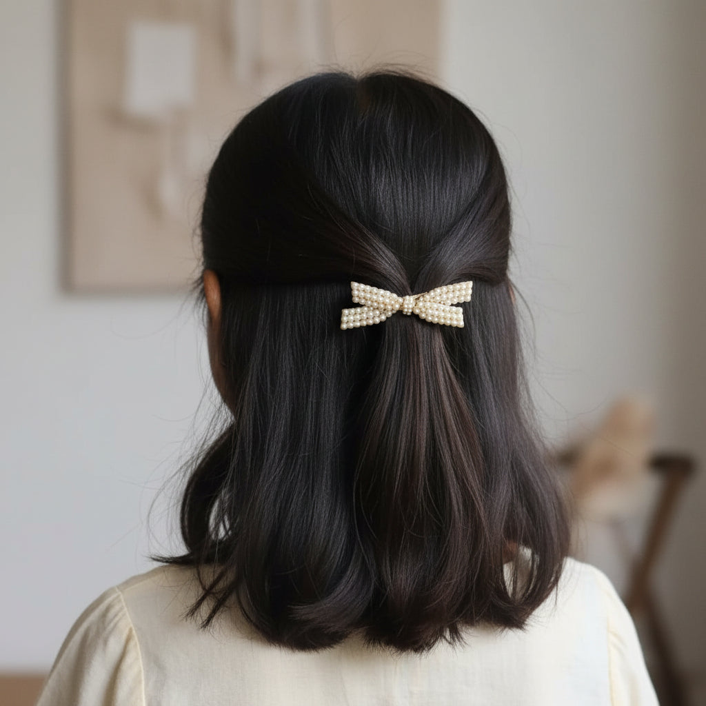 White Pearl Bow Hair Clip For Women & Girls - 1 pc