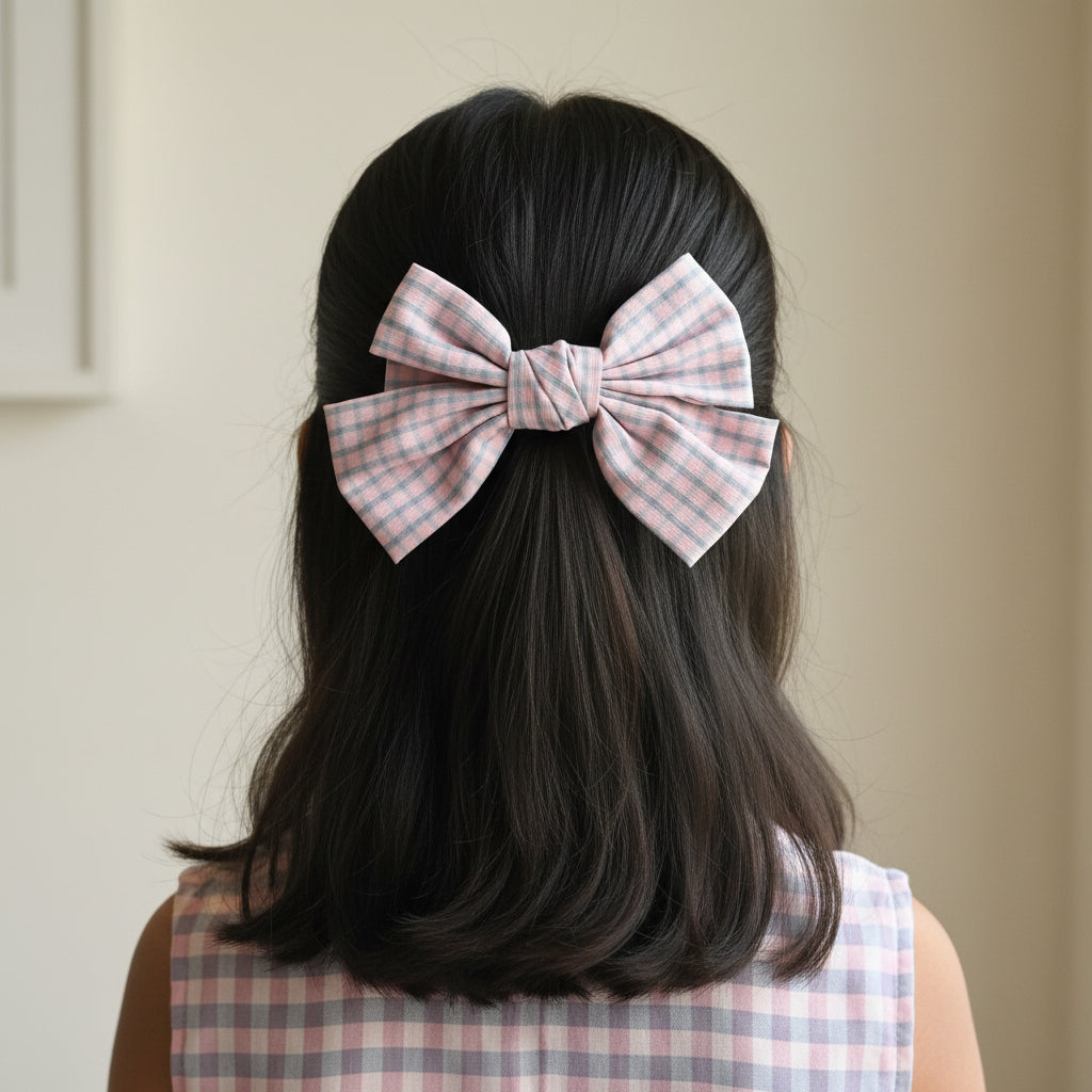 Pink Checks Bow For Women & Girls - 1pc