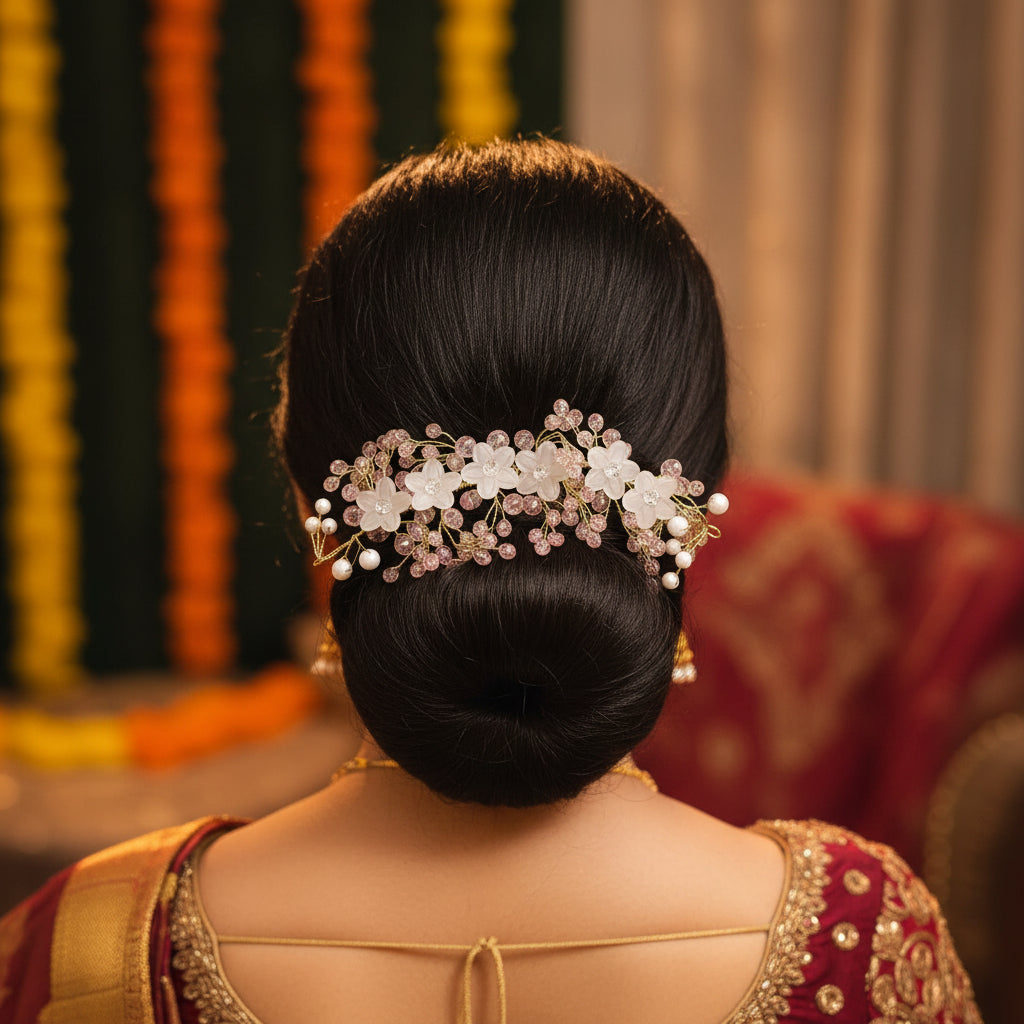 Crystal Floral Pink Hair Brooch For Women - 1pc