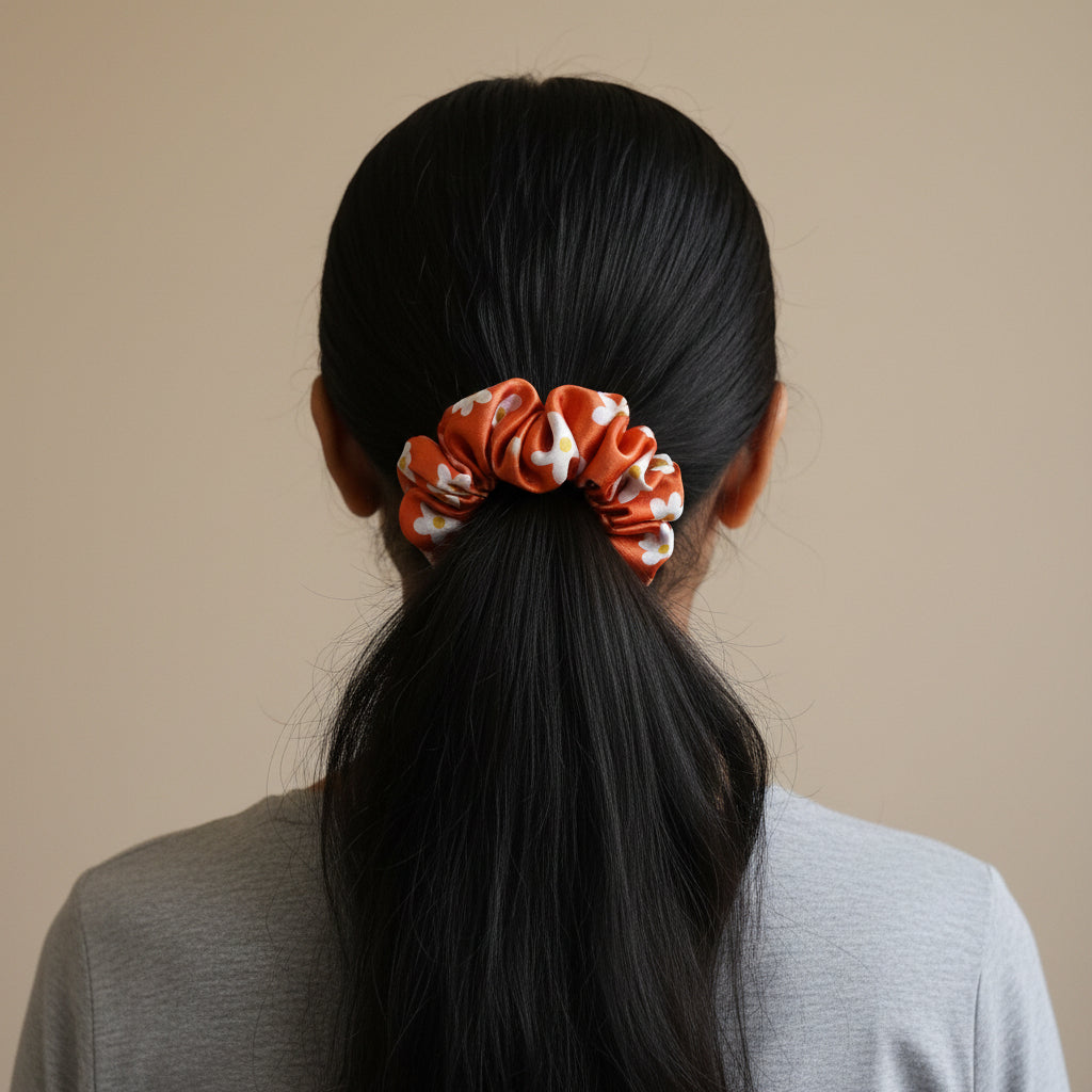 Satin Scrunchie Orange with floral Print - 1 pc
