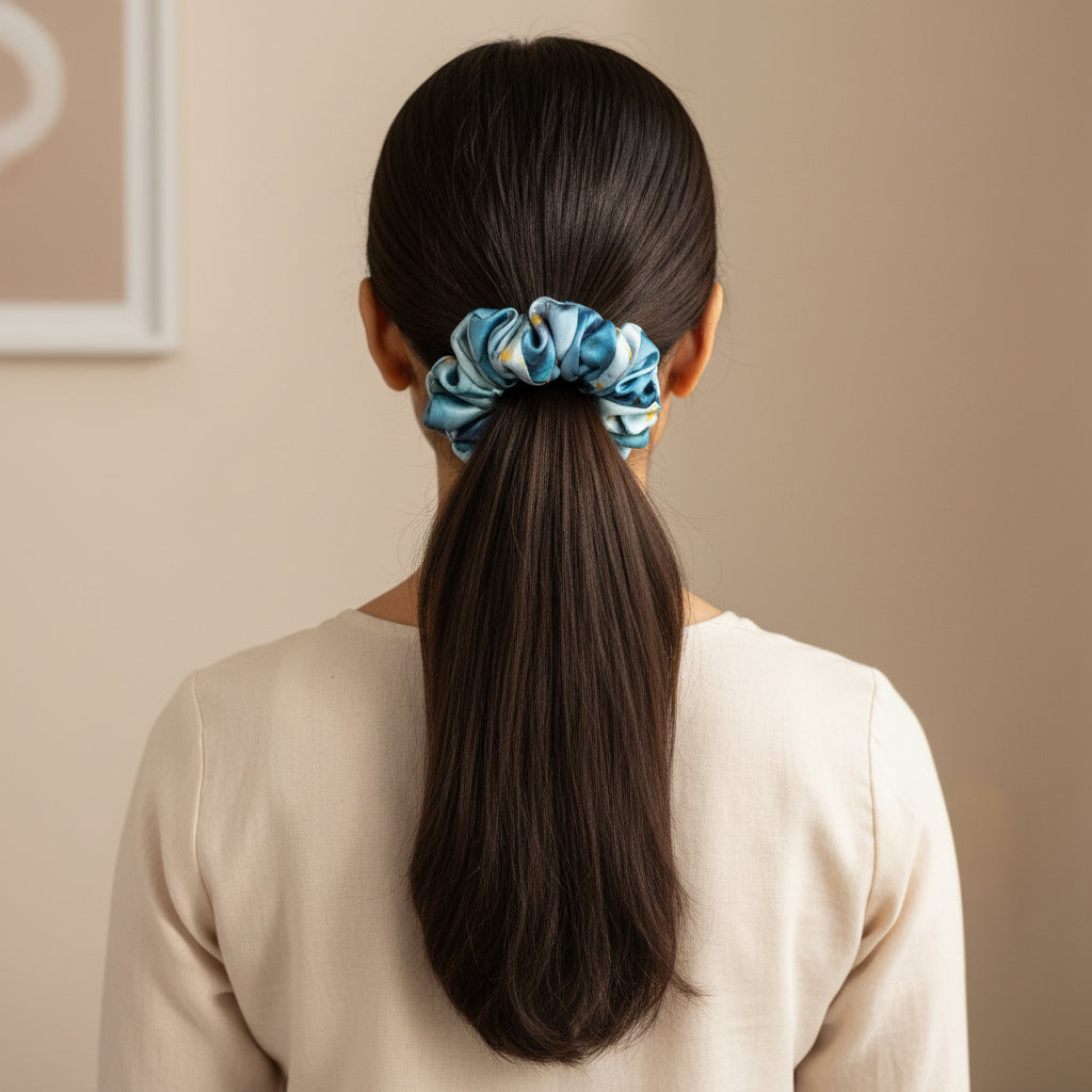 Satin Scrunchie Blue Marble Print - 1 pc