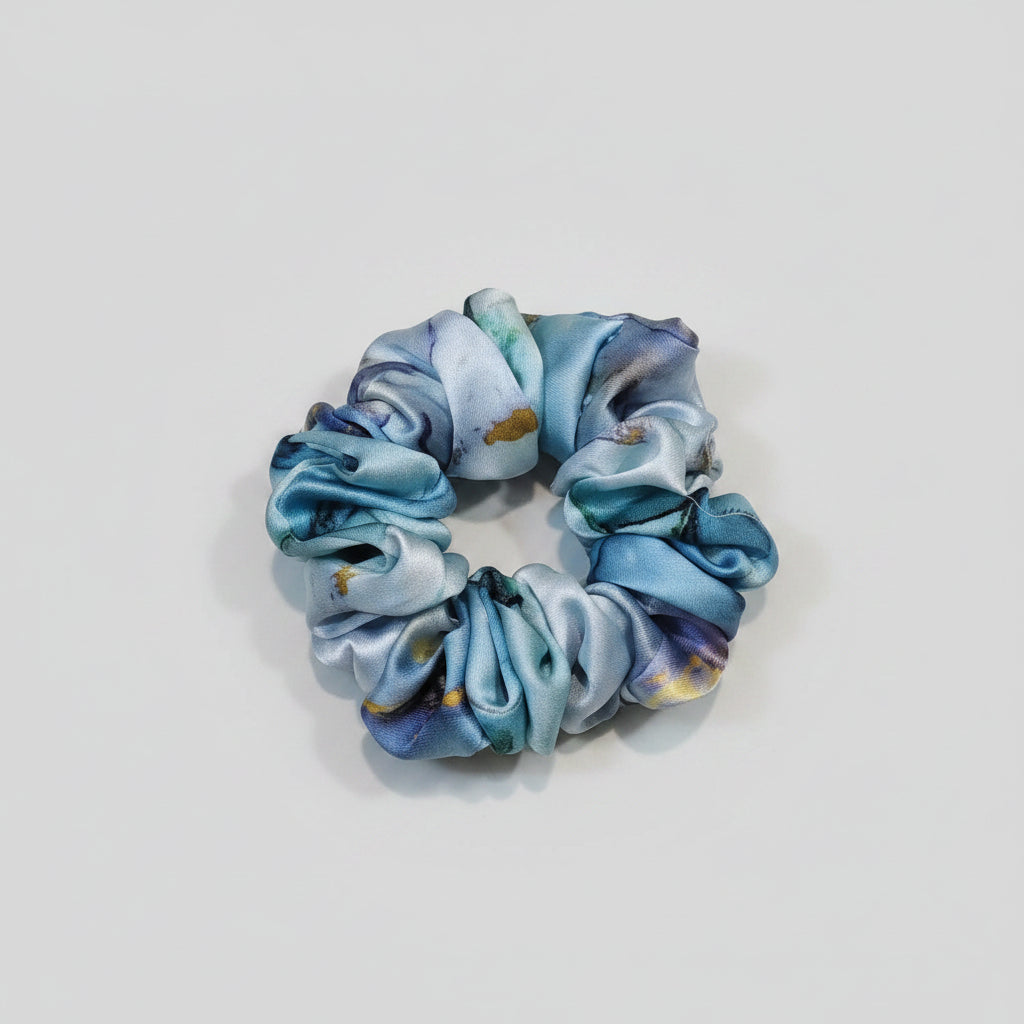 Satin Scrunchie Blue Marble Print - 1 pc
