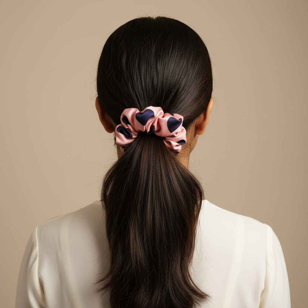 Satin Scrunchie Pink Heart Print - 1 pc