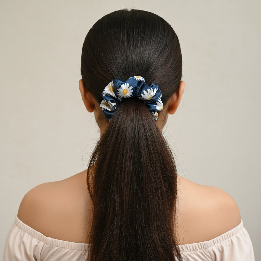 Satin Scrunchie Blue Flower Print - 1 pc